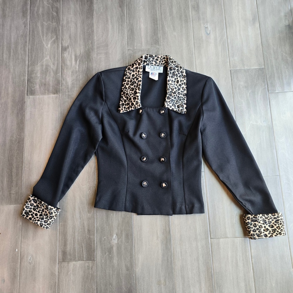 Vintage La Belle Black Leopard Print Trim Double Breasted Blazer Jacket Size 7
